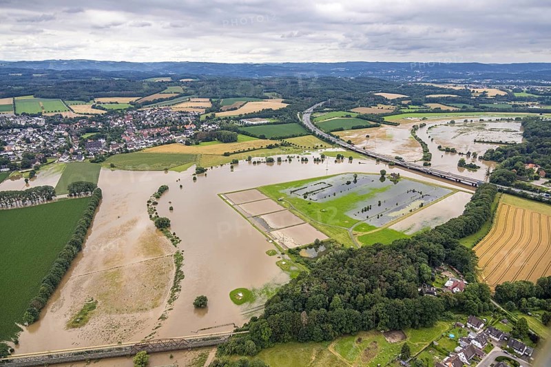 Aerial photo, Ruhr flood, Ruhr bridge of the Sauerland line A45, motorway bridge A45, Wandhofen, Schwerte, Ruhr area, North Rhine-Westphalia, Germany, DE, Europe, birds-eyes view, aerial photo, aerial photography, aerial photography, overview, bird's eye view