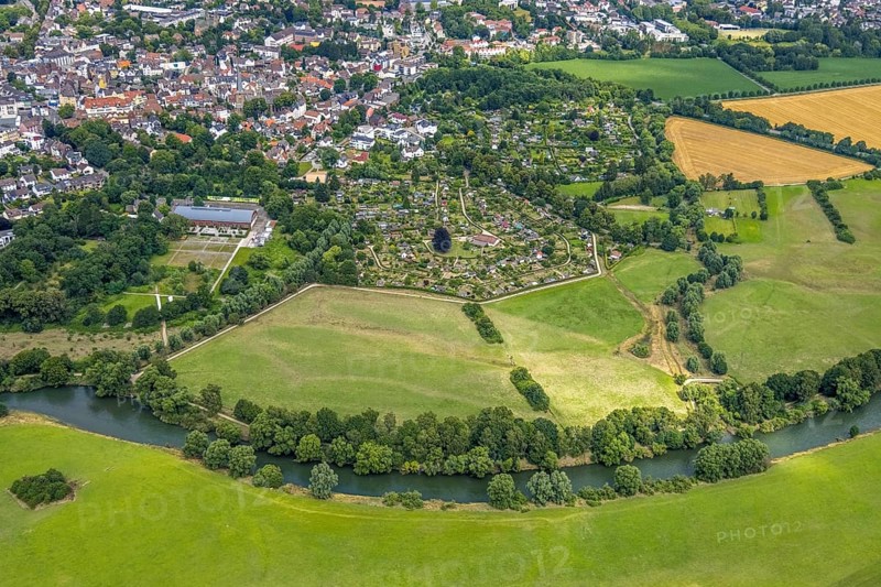 Aerial view, allotment garden site in the south of Schwerte, a week ago there was still land under water at this point - the Ruhr was flooding, course of the Ruhr, Wandhofen, Schwerte, Ruhr area, North Rhine-Westphalia, Germany, DE, Europe, birds-eyes view, aerial view, aerial photography, aerial photography, overview, bird's eye view