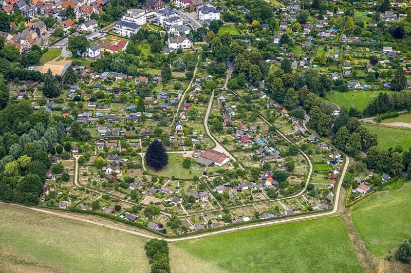Aerial view, allotment garden site in the south of Schwerte, a week ago there was still land under water here - the Ruhr was flooding, course of the Ruhr, Wandhofen, Schwerte, Ruhr area, North Rhine-Westphalia, Germany, DE, Europe, birds-eyes view, aerial view, aerial photography, aerial photography, overview, bird's eye view, in front of and after