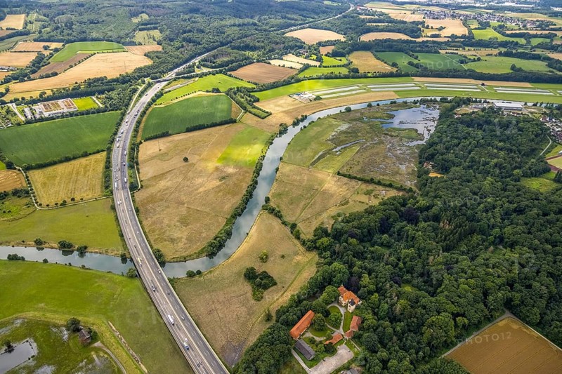 Aerial view, motorway A45 Sauerlandlinie with Ruhr bridge, a week ago the Ruhr was flooded, course of the Ruhr, Wandhofen, Schwerte, Ruhr area, North Rhine-Westphalia, Germany, DE, Europe, birds-eyes view, aerial view, aerial photography, aerial photography, overview, bird's eye view