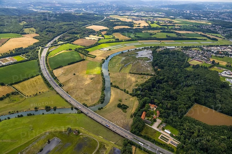 Aerial view, motorway A45 Sauerlandlinie with Ruhr bridge, a week ago the Ruhr was flooded, course of the Ruhr, Wandhofen, Schwerte, Ruhr area, North Rhine-Westphalia, Germany, DE, Europe, birds-eyes view, aerial view, aerial photography, aerial photography, overview, bird's eye view