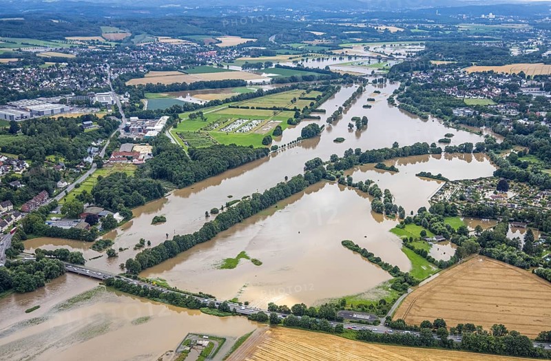 Aerial photo, Ruhr flood, Schwerte, Ruhr area, North Rhine-Westphalia, Germany, DE, Europe, birds-eyes view, aerial photography, aerial photography, overview, bird's eye view