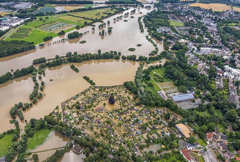 Aerial view, Ruhr flood, flooded campsite, Amsel restaurant on the Ruhr Valley cycle path in Schwerte, Schwerte, Ruhr area, North Rhine-Westphalia, Germany, DE, Europe, birds-eyes view, aerial view, aerial photography, aerial photography, overview, bird's eye view, in front of and after