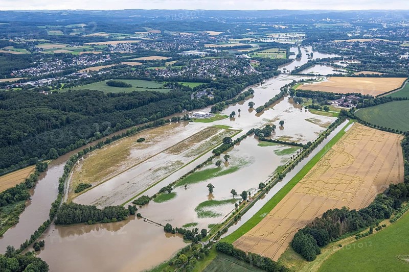 Aerial photo, Ruhr flood, Geisecke, Schwerte, Ruhr area, North Rhine-Westphalia, Germany, DE, Europe, birds-eyes view, aerial photography, aerial photography, overview, overview, bird's eye view
