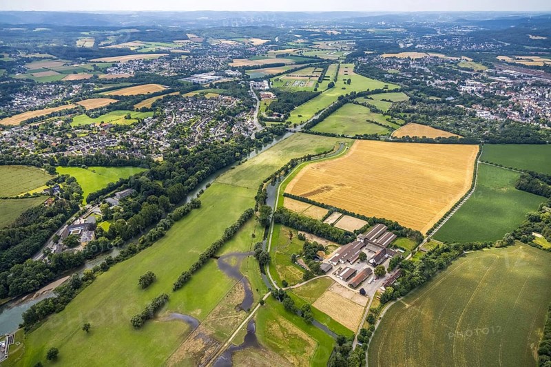 Aerial view, a week ago there was land under water at this point - the Ruhr was flooding, course of the Ruhr, Geisecke, Schwerte, Ruhr area, North Rhine-Westphalia, Germany, DE, Europe, birds-eyes view, aerial photograph, aerial photography, aerial photography, overview, bird's eye view