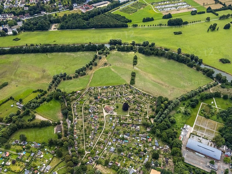 Aerial view, allotment garden site in the south of Schwerte, a week ago there was still land under water at this point - the Ruhr was flooding, course of the Ruhr, Wandhofen, Schwerte, Ruhr area, North Rhine-Westphalia, Germany, DE, Europe, birds-eyes view, aerial view, aerial photography, aerial photography, overview, bird's eye view