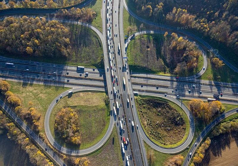 Aerial view, Westhofener Kreuz of the A1 motorway and A45 motorway in the Westhofen district of Schwerte, Ruhr area, North Rhine-Westphalia, Germany, motorway, motorway bridge, motorway junction, DE, Europe, shapes and colours, aerial view, aerial photography, aerial photography, Schwerte, traffic jam, road traffic, road traffic, overview, traffic volume, traffic jam, bird's eye view, birds-eyes view, overview