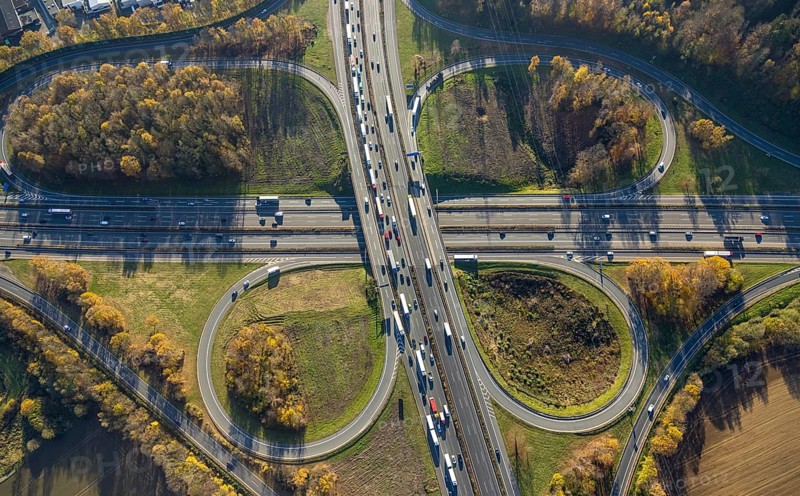 Aerial view, Westhofener Kreuz of the A1 motorway and A45 motorway in the Westhofen district of Schwerte, Ruhr area, North Rhine-Westphalia, Germany, motorway, motorway bridge, motorway junction, DE, Europe, shapes and colours, aerial view, aerial photography, aerial photography, Schwerte, traffic jam, road traffic, road traffic, overview, traffic volume, traffic jam, bird's eye view, birds-eyes view, overview