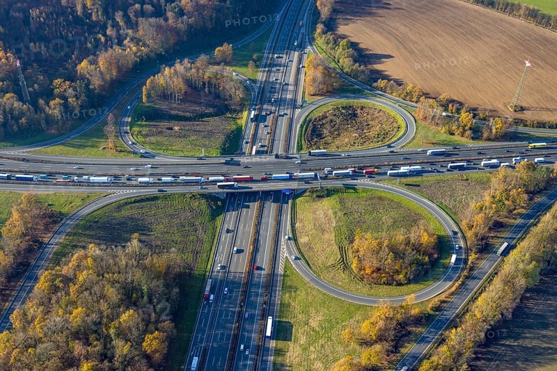 Aerial view, Westhofener Kreuz of the A1 motorway and A45 motorway in the Westhofen district of Schwerte, Ruhr area, North Rhine-Westphalia, Germany, motorway, motorway bridge, motorway junction, DE, Europe, shapes and colours, aerial view, aerial photography, aerial photography, Schwerte, traffic jam, road traffic, road traffic, overview, traffic volume, traffic jam, bird's eye view, birds-eyes view, overview