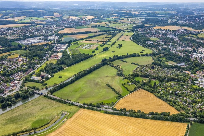 Aerial view, a week ago there was still land under water at this point - the Ruhr was flooding, course of the Ruhr, Schwerte, Ruhr area, North Rhine-Westphalia, Germany, DE, Europe, birds-eyes view, aerial view, aerial photography, aerial photography, overview, bird's eye view