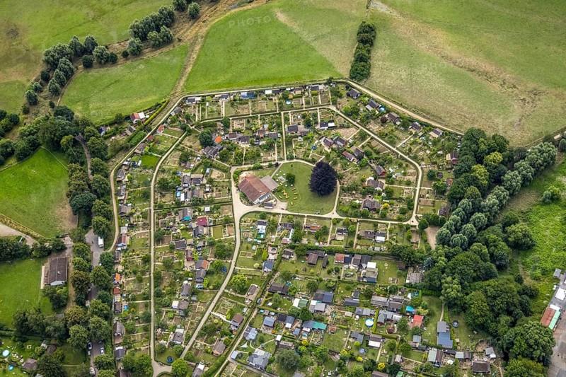 Aerial view, allotment garden site in the south of Schwerte, a week ago there was still land under water at this point - the Ruhr was flooding, course of the Ruhr, Wandhofen, Schwerte, Ruhr area, North Rhine-Westphalia, Germany, DE, Europe, birds-eyes view, aerial view, aerial photography, aerial photography, overview, bird's eye view