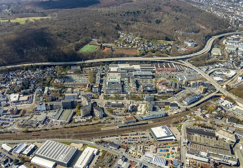 Aerial view, Weidenau railway station, tax office, town administration and town hall, view of Weidenau-West, Siegen, Siegerland, North Rhine-Westphalia, Germany, railway tracks, railway station, authority, DE, Deutsche Bahn AG, Europe, main station, aerial view, aerial photography, aerial photography, town hall, overview, bird's-eye view, overview
