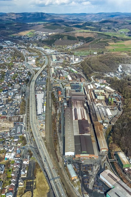 Aerial view, Deutsche Edelstahlwerke, Geisweid-Stahlwerke, Siegen, Siegerland, North Rhine-Westphalia, Germany, DE, Europe, distant view, commercial enterprises, commercial area, commercial site, commercial use, hilly landscape, industrial area, industrial site, aerial photograph, aerial photography, aerial photography, mixed forest, overview, bird's-eye view, forest, forest area, birds-eyes view, overview