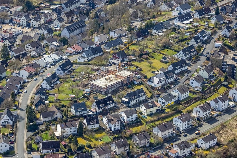 Aerial view, construction site and new building of the Protestant Kindergarten Schießberg, Kindergarten Oase, Geisweid-Wenscht, Siegen, Siegerland, North Rhine-Westphalia, Germany, construction work, construction area, building site, building plots, construction project, construction site, DE, Europe, kindergarten, day-care centre, day-care centre, aerial photograph, aerial photography, aerial photography, new building, overview, bird's-eye view, overview