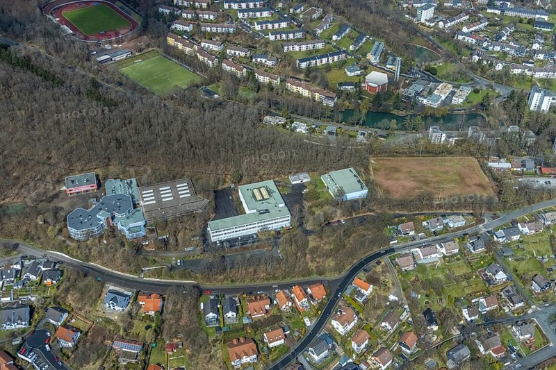 Aerial photo, Realschule Am Schießberg und Geschwister-Scholl-Schule Gesamtschule Auf dem Schießberg, Geisweid-Wenscht, Siegen, Siegerland, North Rhine-Westphalia, Germany, education, educational institution, DE, Europe, comprehensive school, educational institute, aerial photo, aerial photography, aerial photography, secondary school, school, overview, bird's-eye view, overview