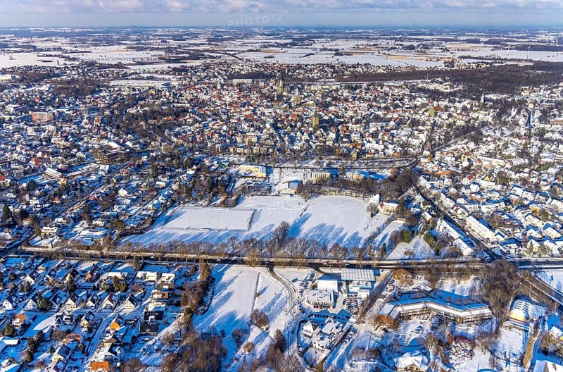 Aerial view, overview Soest, Jahn-Stadion, Freie Waldorfschule, snow-covered sports fields, winter, Soest, Soester Börde, North Rhine-Westphalia, Germany, Soester, Börde, DE, Europe, birds-eyes, view, aerial photography, aerial photography, overview, overview, bird's-eye view, winter weather, snow, onset of winter, cold, education, pupils, college, training, school year, homework, class, year group, education, pedagogy, gymnastics, sport, ball sports, fitness, movement, athletics