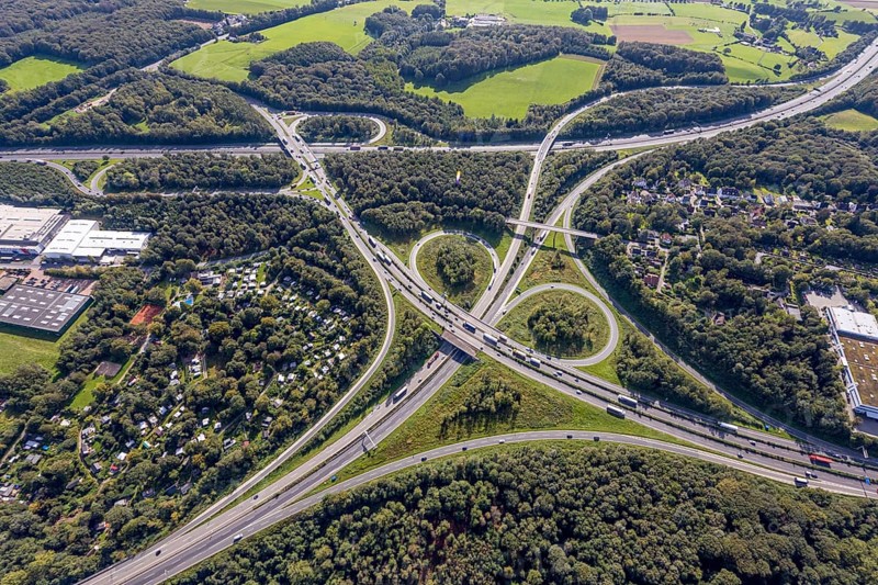 Aerial view, motorway junction Wuppertal-Nord with A1 and A43 and A46 in the district Halloh in Sprockhövel, city border to Wuppertal and Schwelm, Ruhr area, North Rhine-Westphalia, Germany, motorway A1, motorway A43, motorway A46, motorway junction, DE, Europe, aerial view, aerial photography, aerial photography, Sprockhövel, overview, bird's-eye view, bird's-eye view, overview