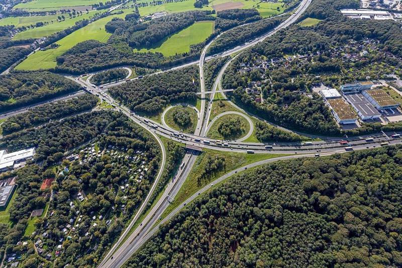 Aerial view, motorway junction Wuppertal-Nord with A1 and A43 and A46 in the district Halloh in Sprockhövel, city border to Wuppertal and Schwelm, Ruhr area, North Rhine-Westphalia, Germany, motorway A1, motorway A43, motorway A46, motorway junction, DE, Europe, aerial view, aerial photography, aerial photography, Sprockhövel, overview, bird's-eye view, bird's-eye view, overview
