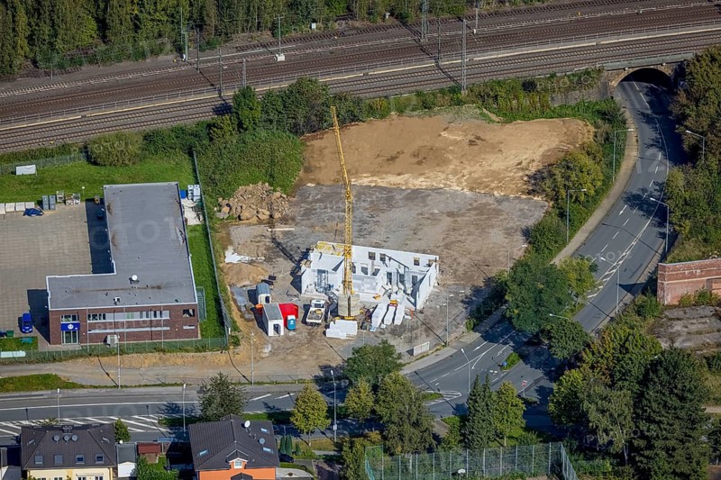 Aerial view, construction site Red Cross Am Ochsenkamp next to the Technical Relief Organisation Schwelm in Schwelm, Ruhr area, North Rhine-Westphalia, Germany, construction work, construction area, building site, building plots, construction project, construction site, DE, Europe, aerial view, aerial photography, aerial photography, new building, Schwelm, overview, bird's-eye view, overview