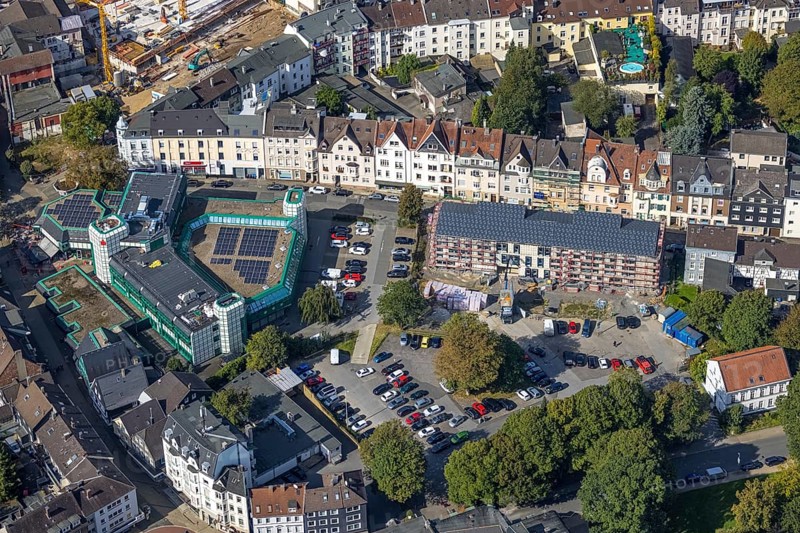 Aerial view, construction site for new cultural centre at Wilhelmsplatz and savings bank building in Schwelm, Ruhr area, North Rhine-Westphalia, Germany, construction work, construction, construction area, building site, building plots, construction project, construction site, DE, Europe, aerial view, aerial photography, aerial photography, new building, Schwelm, overview, bird's-eye view, overview