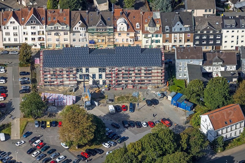 Aerial view, construction site for new cultural centre at Wilhelmsplatz in Schwelm, Ruhr area, North Rhine-Westphalia, Germany, construction work, building, construction area, building site, building plots, construction project, construction site, DE, Europe, aerial view, aerial photography, aerial photography, new building, Schwelm, overview, bird's-eye view, overview