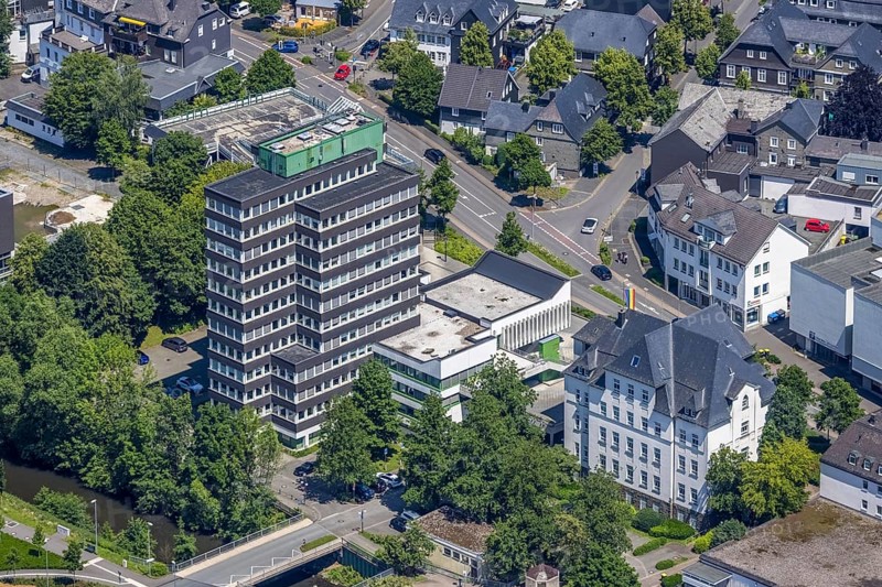 Aerial view, Olpe town hall and town archive, Olpe town, Olpe, Sauerland, North Rhine-Westphalia, Germany, authority, DE, Europe, high-rise building, aerial view, aerial photography, aerial photography, town hall, overview, bird's-eye view, overview