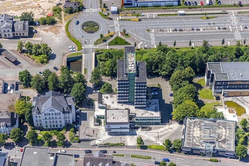 Aerial view, Olpe town hall and town archive, Olpe town, Olpe, Sauerland, North Rhine-Westphalia, Germany, authority, DE, Europe, high-rise building, roundabout, roundabout, aerial view, aerial photography, aerial photography, town hall, overview, bird's-eye view, overview