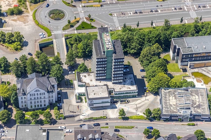 Aerial view, Olpe town hall and town archive, Olpe town, Olpe, Sauerland, North Rhine-Westphalia, Germany, authority, DE, Europe, high-rise building, roundabout, roundabout, aerial view, aerial photography, aerial photography, town hall, overview, bird's-eye view, overview