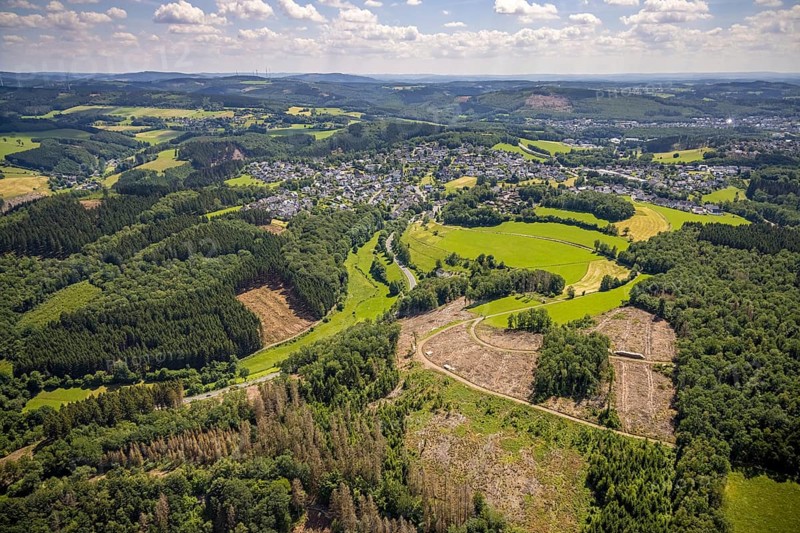 Aerial view, forest area with forest damage in Rhode, Olpe, Sauerland, North Rhine-Westphalia, Germany, tree dieback, bark beetle damage, bark beetle plague, DE, drought, Europe, spruce dieback, hilly landscape, clear-cutting, aerial photograph, aerial photography, aerial photography, drought, overview, bird's eye view, forest, forest area, forest damage, forest dieback, forest area, lack of water, birds-eyes view, overview