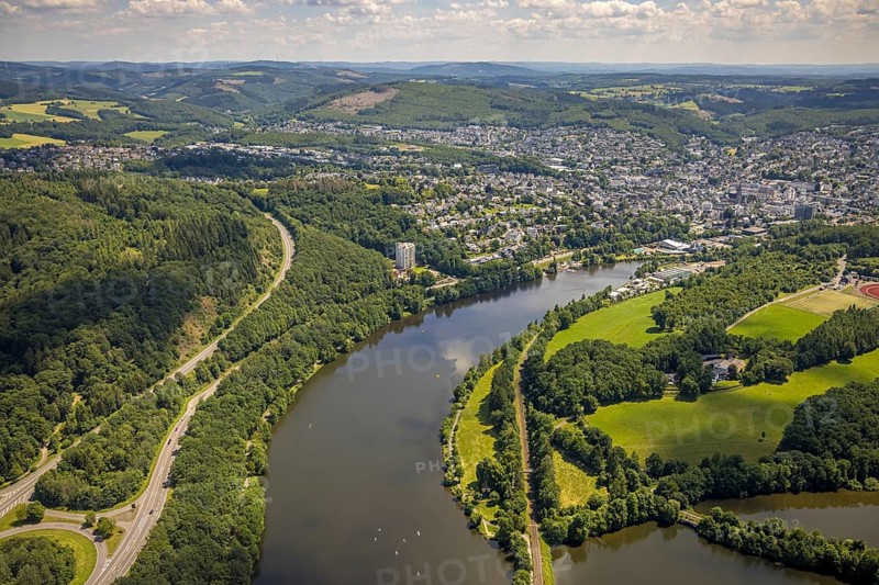 Aerial view, Biggesee, Obersee, Biggehochhaus, Olpe leisure pool, Olpe town view, Olpe, Sauerland, North Rhine-Westphalia, Germany, bathing establishment, bathing resort, DE, Europe, outdoor pool, leisure pool, leisure activities, high-rise building, hilly landscape, aerial view, aerial photography, aerial photography, swimming pool, swimming pool, overview, bird's-eye view, living and life, birds-eyes view, overview