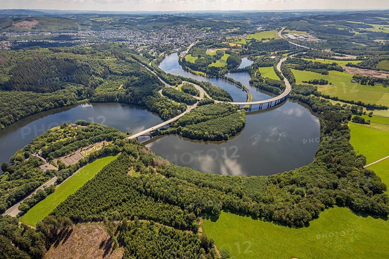 Aerial view, Biggesee, Obersee with bridge Landesstraße L512, bridge Bundesstraße B54, Olpe-Stadt, Olpe, Sauerland, North Rhine-Westphalia, Germany, Biggetalsperre, bridge, Bundesstraße B54, DE, Europe, shapes and colours, hilly landscape, aerial view, aerial photography, aerial photography, Ebbegebirge nature park Park, lake, reservoir, overview, bird's-eye view, bird's-eye view, overview