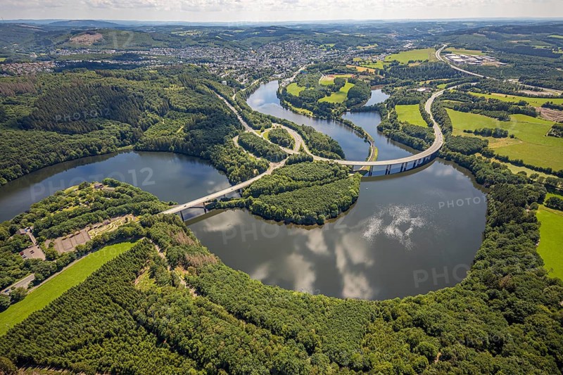 Aerial view, Biggesee, Obersee with bridge Landesstraße L512, bridge Bundesstraße B54, Olpe-Stadt, Olpe, Sauerland, North Rhine-Westphalia, Germany, Biggetalsperre, bridge, Bundesstraße B54, DE, Europe, shapes and colours, hilly landscape, aerial view, aerial photography, aerial photography, Ebbegebirge nature park Park, lake, reservoir, overview, bird's-eye view, bird's-eye view, overview
