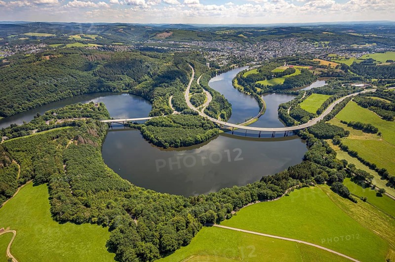 Aerial view, Biggesee, Obersee with bridge Landesstraße L512, bridge Bundesstraße B54, Olpe-Stadt, Olpe, Sauerland, North Rhine-Westphalia, Germany, Biggetalsperre, bridge, Bundesstraße B54, DE, Europe, shapes and colours, hilly landscape, aerial view, aerial photography, aerial photography, Ebbegebirge nature park Park, lake, reservoir, overview, bird's-eye view, bird's-eye view, overview