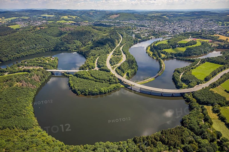 Aerial view, Biggesee, Obersee with bridge Landesstraße L512, bridge Bundesstraße B54, Olpe-Stadt, Olpe, Sauerland, North Rhine-Westphalia, Germany, Biggetalsperre, bridge, Bundesstraße B54, DE, Europe, shapes and colours, hilly landscape, aerial view, aerial photography, aerial photography, Ebbegebirge nature park Park, lake, reservoir, overview, bird's-eye view, bird's-eye view, overview