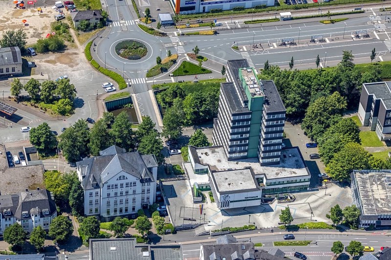Aerial view, Olpe town hall and town archive, Olpe town, Olpe, Sauerland, North Rhine-Westphalia, Germany, authority, DE, Europe, high-rise building, roundabout, roundabout, aerial view, aerial photography, aerial photography, town hall, overview, bird's-eye view, overview