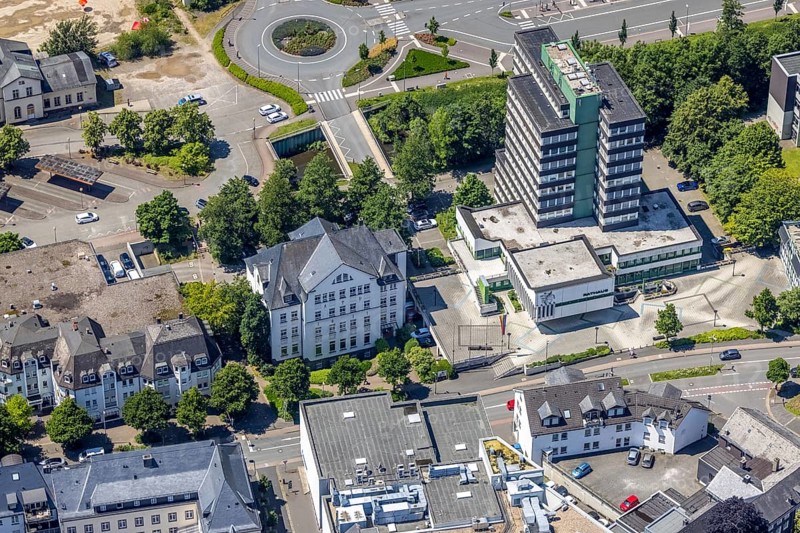 Aerial view, Olpe town hall and town archive, Olpe town, Olpe, Sauerland, North Rhine-Westphalia, Germany, authority, DE, Europe, high-rise building, aerial view, aerial photography, aerial photography, town hall, overview, bird's-eye view, overview