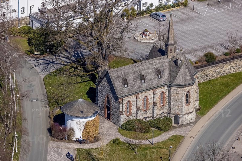 Aerial view, St. Maria Magdalena Church, Gevelinghausen, Olsberg, Sauerland, North Rhine-Westphalia, Germany, place of worship, DE, Europe, religious community, place of worship, holy place, church, parish, denomination, aerial view, aerial photography, aerial photography, religion, religious site, castle chapel, overview, bird's-eye view, bird's-eye view, overview