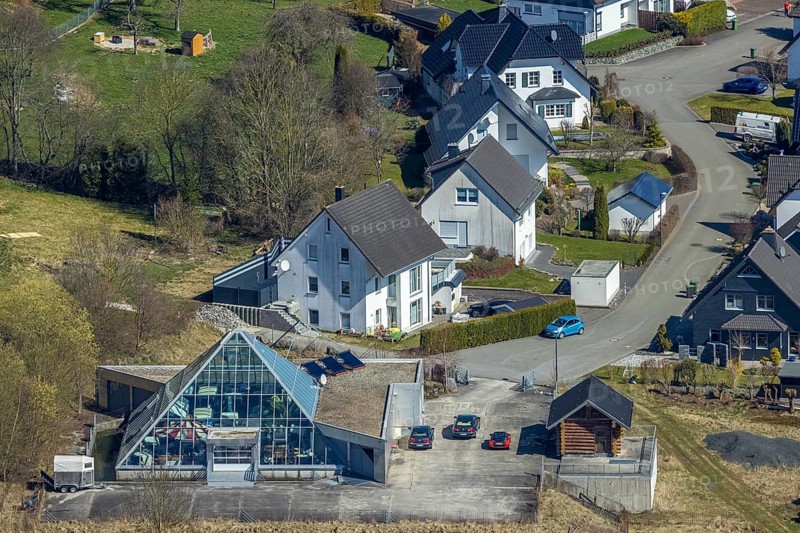 Aerial view, house with glass facade and pointed roof, Gevelinghausen, Olsberg, Sauerland, North Rhine-Westphalia, Germany, DE, Europe, storage room, aerial view, aerial photography, aerial photography, pointed roof, overview, bird's eye view, birds-eyes view, overview