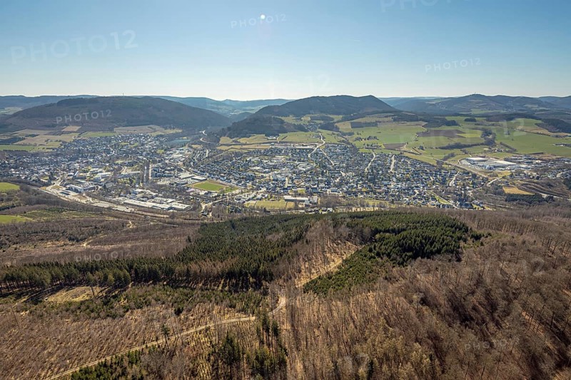 Aerial view, aerial view Bigge, Antfeld, Olsberg, Sauerland, North Rhine-Westphalia, Germany, Buchhorstkuppe, DE, Europe, hilly landscape, aerial view, aerial photography, aerial photography, sports field, overview, bird's-eye view, forest area, birds-eyes view, overview