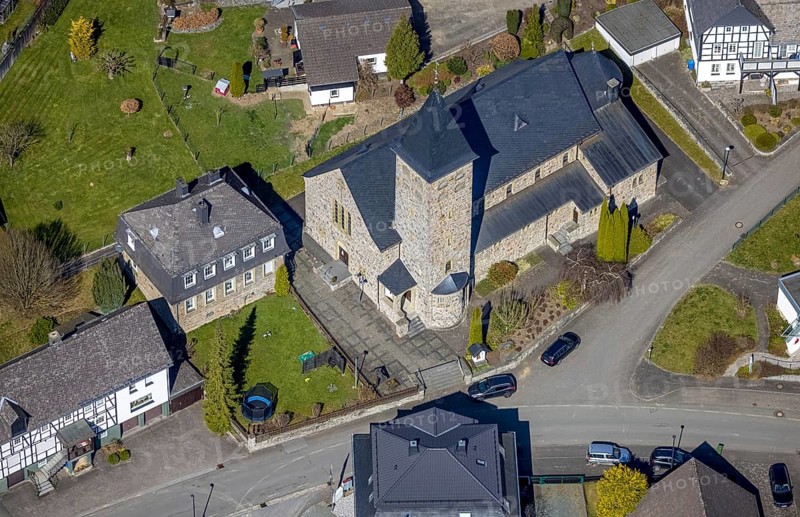 Aerial view, St. Mary's Catholic Church Antfeld, Antfeld, Olsberg, Sauerland, North Rhine-Westphalia, Germany, place of worship, DE, Europe, religious community, place of worship, holy place, church, parish, denomination, aerial view, aerial photography, aerial photography, religion, religious site, overview, bird's-eye view, overview