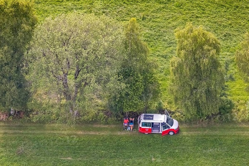 Aerial view, picnic on a forest path with VW bus, Eichhagen, Olpe, Sauerland, North Rhine-Westphalia, Germany, excursion, DE, Europe, aerial view, aerial photography, aerial photography, rest, overview, bird's-eye view, overview