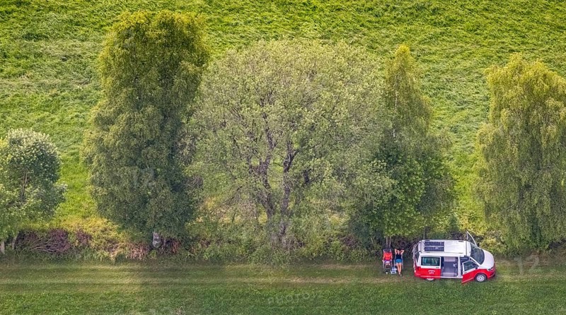 Aerial view, picnic on a forest path with VW bus, Eichhagen, Olpe, Sauerland, North Rhine-Westphalia, Germany, excursion, DE, Europe, aerial view, aerial photography, aerial photography, rest, overview, bird's-eye view, overview
