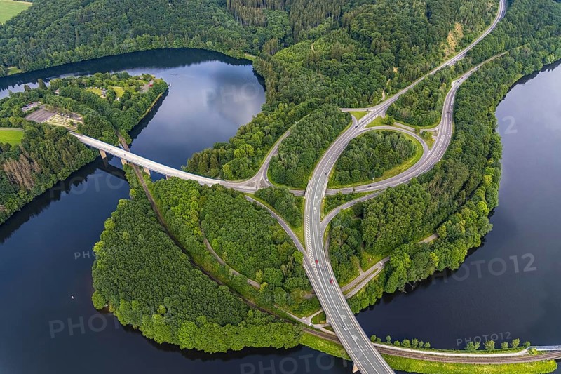 Aerial view, Biggesee, bridge Landesstraße L512, bridge Bundesstraße B54, Olpe-Stadt, Olpe, Sauerland, North Rhine-Westphalia, Germany, Biggetalsperre, bridge, Bundesstraße B54, DE, Europe, shapes and colours, hilly landscape, aerial view, aerial photography, aerial photography, nature park Ebbegebirge, lake, reservoir, overview, bird's eye view, forebay, birds-eyes view, overview