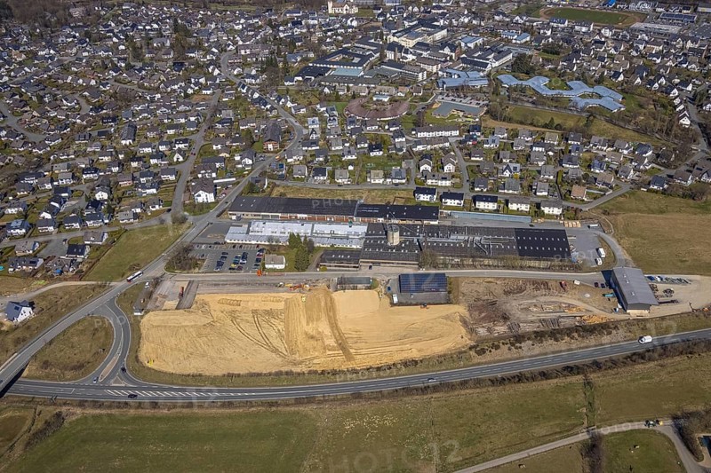 Aerial view, construction site at Körling GmbH, Hans-Körling-Straße, Bigge, Olsberg, Sauerland, North Rhine-Westphalia, Germany, construction area, construction site, building plots, construction project, construction site, DE, Europe, commercial enterprises, commercial area, commercial use, industrial area, industrial site, aerial photograph, aerial photography, aerial photography, overview, bird's-eye view, bird's-eye view, overview