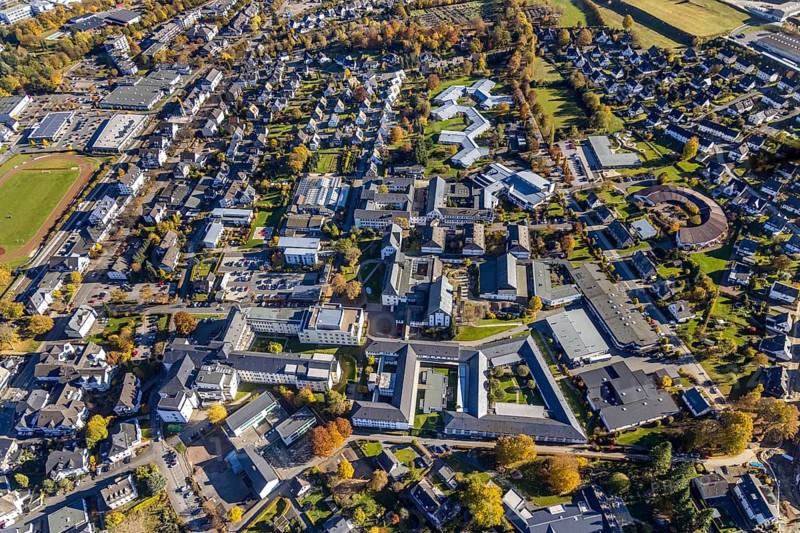 Aerial view, local view with Elisabeth-Klinik Bigge and vocational training centre Josefsheim in the district Bigge in Olsberg, Sauerland, North Rhine-Westphalia, Germany, education, DE, Europe, health care, hospital, clinic, clinic centre, hospital, hospital, aerial view, aerial photography, aerial photography, medical facility, medical aid, Olsberg, overview, bird's eye view, bird's eye view, overview, medical care