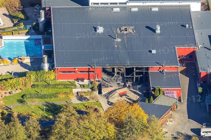 Aerial view, major fire damage at the Aqua Olsberg Sauerlandtherme in Olsberg, Sauerland, North Rhine-Westphalia, Germany, fire ruins, DE, Europe, aerial view, aerial photography, aerial photography, Olsberg, overview, bird's eye view, destruction, birds-eyes view, overview, destroyed building