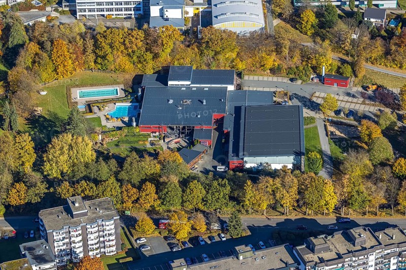 Aerial view, major fire damage at the Aqua Olsberg Sauerlandtherme in Olsberg, Sauerland, North Rhine-Westphalia, Germany, fire ruins, DE, Europe, aerial view, aerial photography, aerial photography, Olsberg, overview, bird's eye view, destruction, birds-eyes view, overview, destroyed building