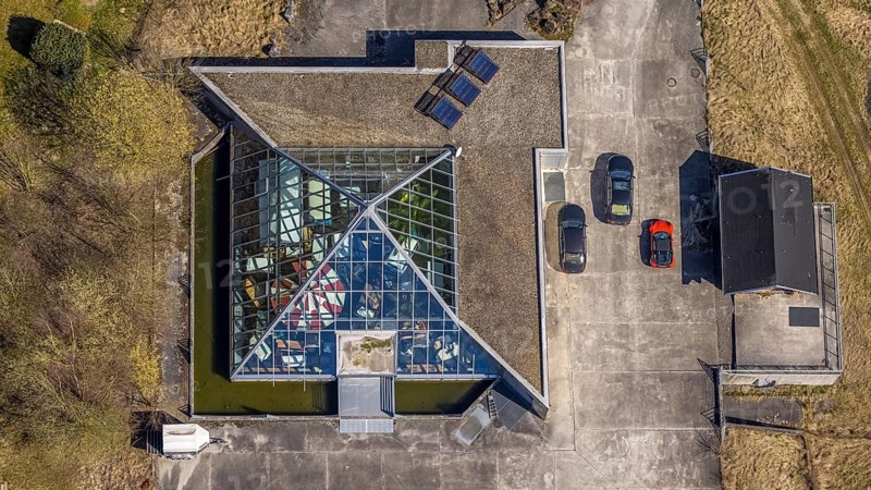 Aerial view, house with glass facade and pointed roof, Gevelinghausen, Olsberg, Sauerland, North Rhine-Westphalia, Germany, DE, Europe, storage room, aerial view, aerial photography, aerial photography, pointed roof, overview, bird's eye view, birds-eyes view, overview