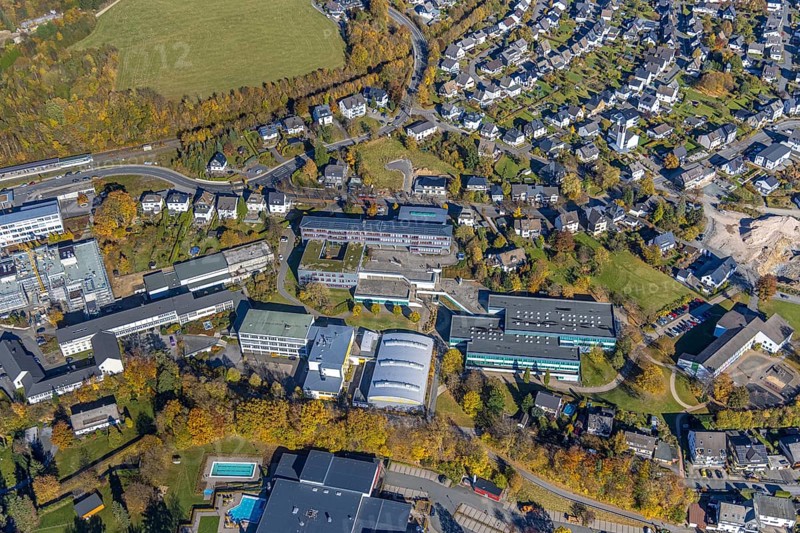 Aerial view, secondary school Olsberg and secondary school Olsberg-Bestwig and sports hall in Olsberg, Sauerland, North Rhine-Westphalia, Germany, education, educational institution, DE, Europe, educational institute, aerial view, aerial photography, aerial photography, Olsberg, secondary school, school, overview, bird's-eye view, overview