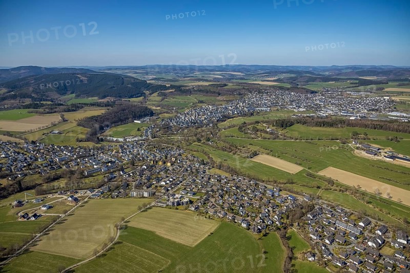 Aerial view, local view, new cemetery, spa gardens, farm Hof Ax, Schmallenberg, Sauerland, North Rhine-Westphalia, Germany, farm, DE, Europe, distant view, agriculture, agricultural business, aerial view, aerial photography, aerial photography, overview, bird's-eye view, living and life, birds-eyes view, overview